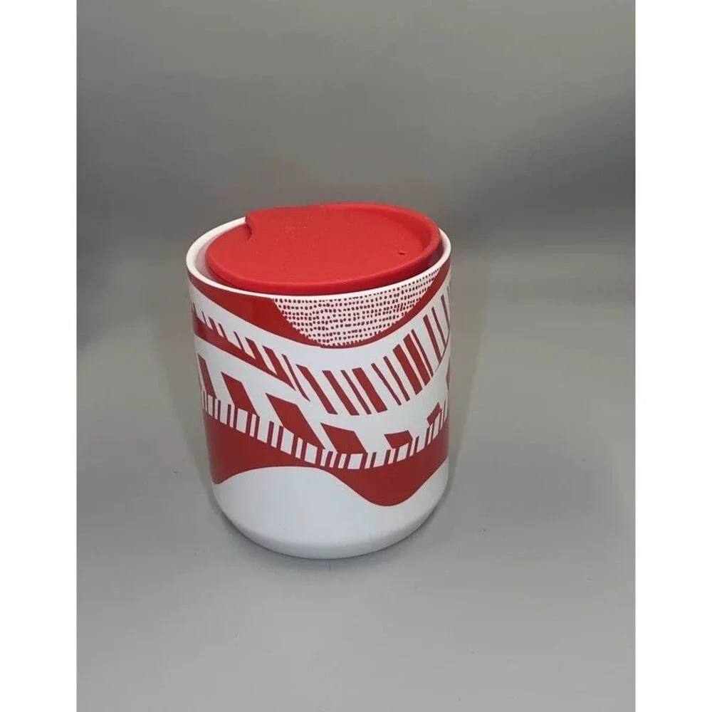 Starbucks 2021 Holiday Red White Ceramic Travel Tumbler Mug 8 oz w/ Lid